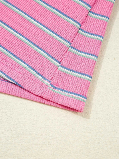 Stripe Textured Knit Round Neck Puff Sleeve Top