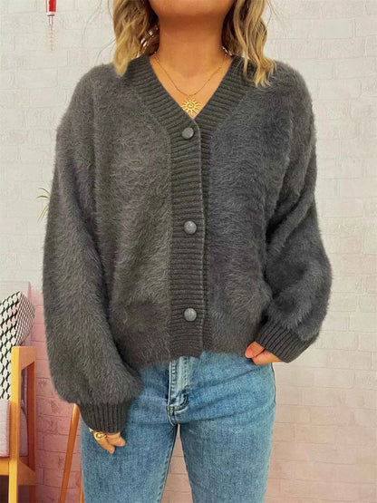 Fuzzy Button-Up Long Sleeve Cardigan