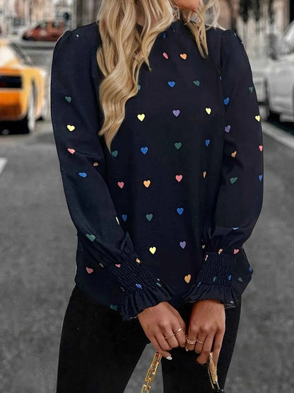 Colorful Heart Print Lantern Sleeve Blouse