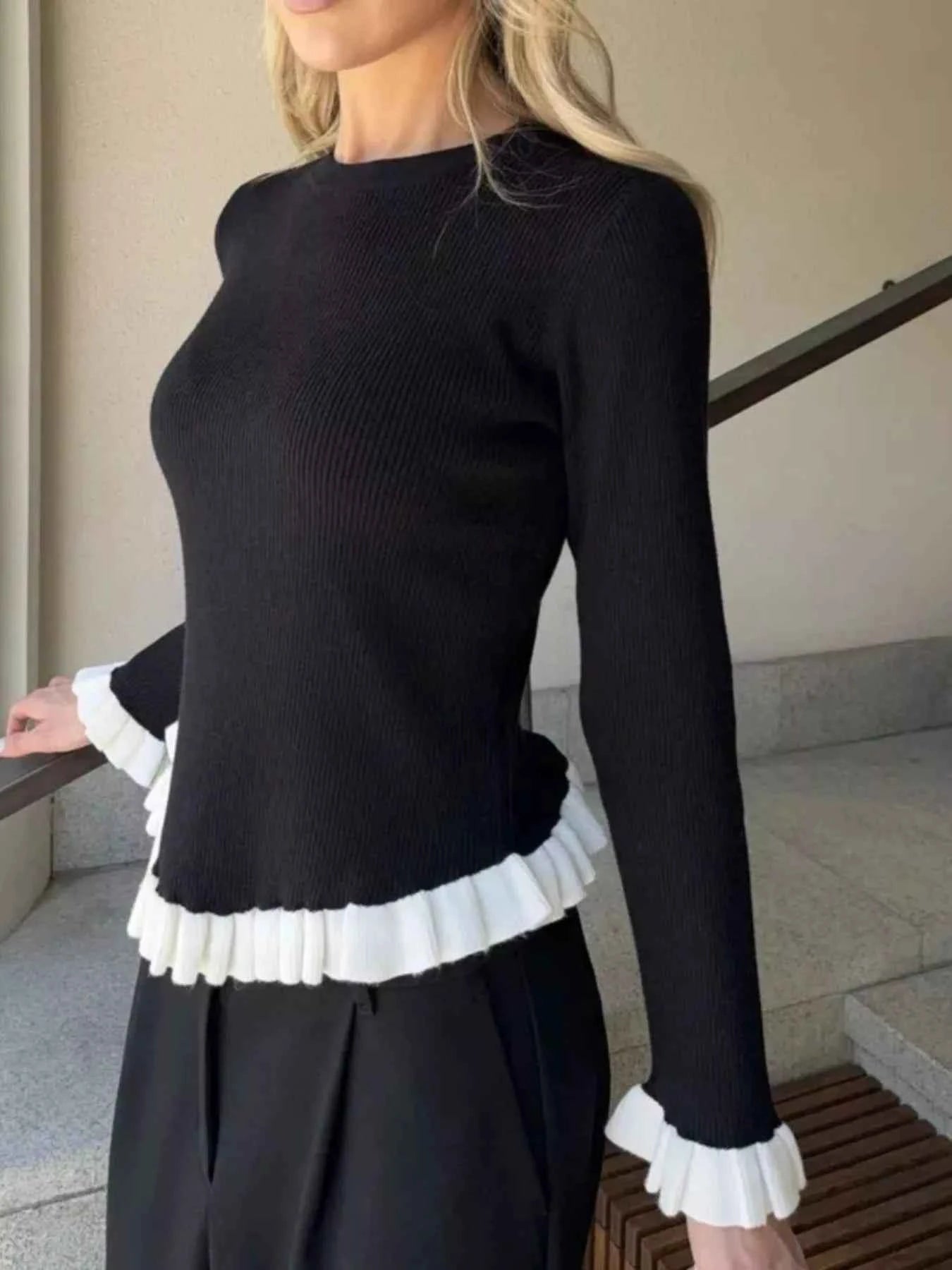 Ruffle Trim Long Sleeve Sweater