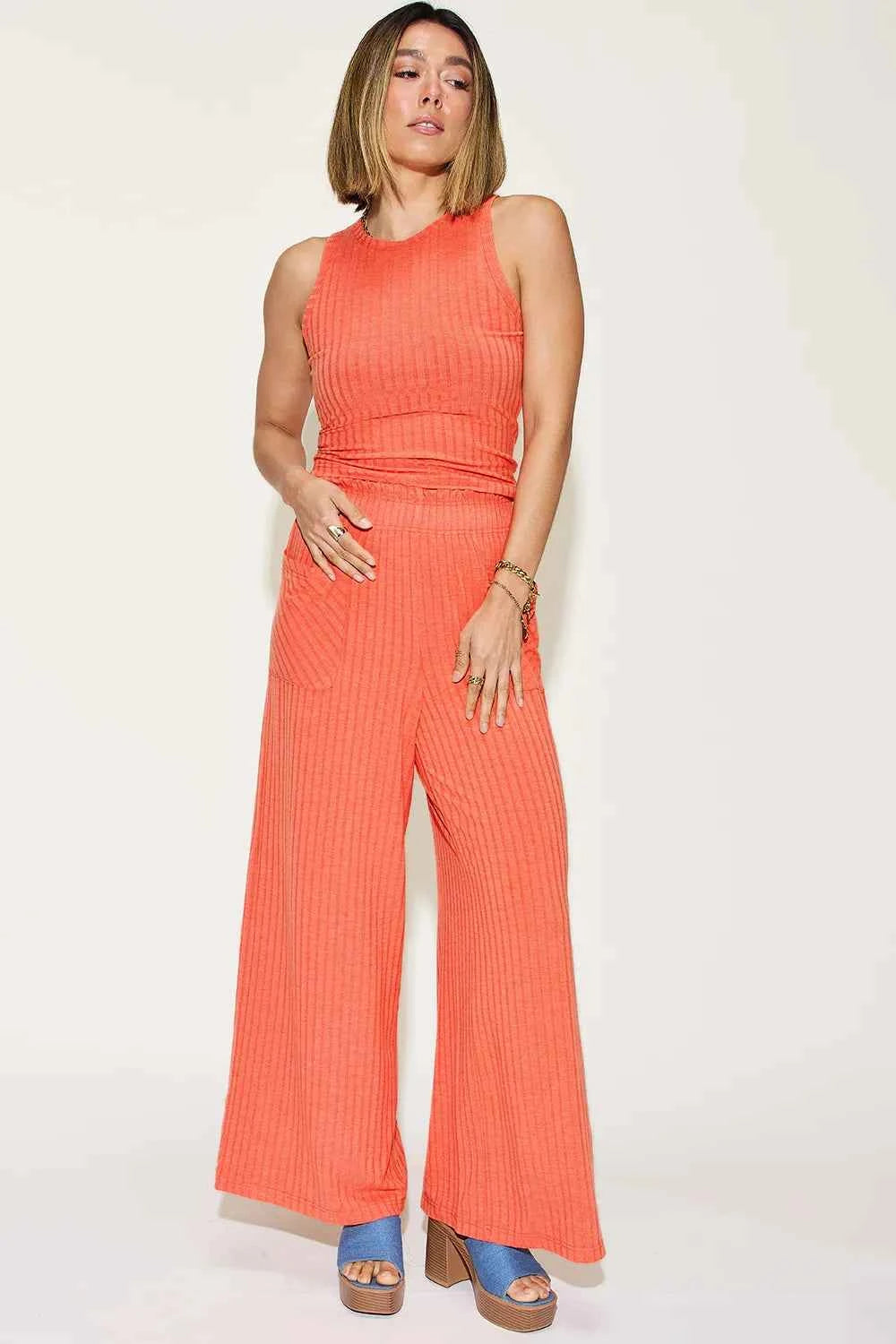 Basic Bae Full Size Ribbed Tank and Wide Leg Pants Set
