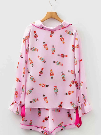 Nutcracker Print Contrast Trim Top and Shorts Pajama Set