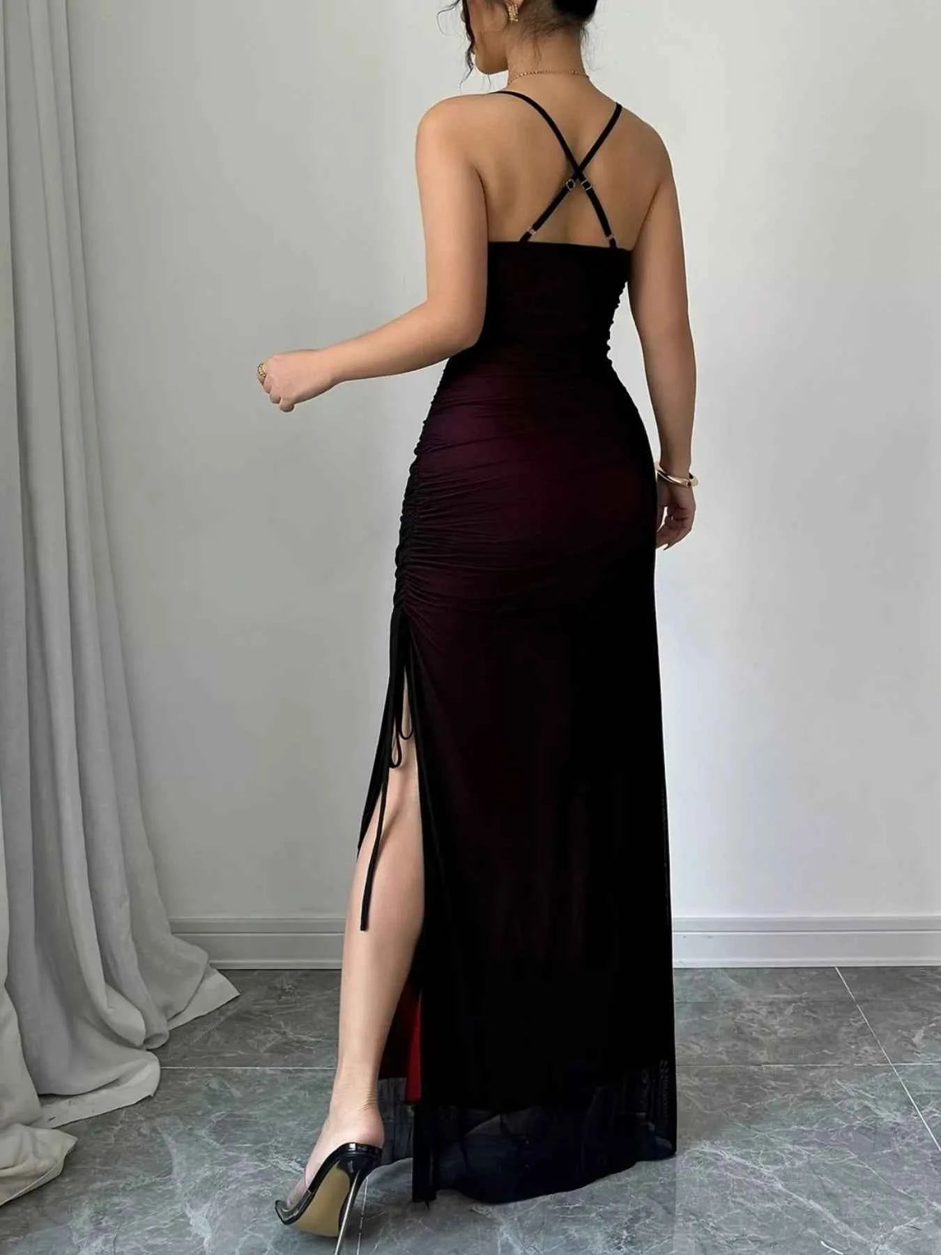 Ruched Sweetheart Neck Slit Maxi Dress