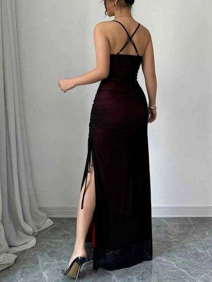 Ruched Sweetheart Neck Slit Maxi Dress