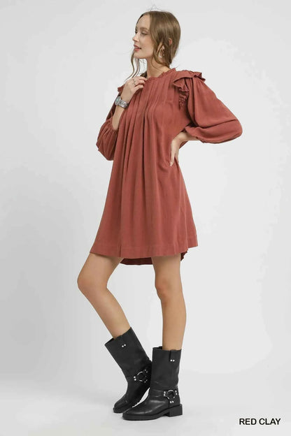Umgee Linen Ruffle Shoulder Pleated Babydoll Dress
