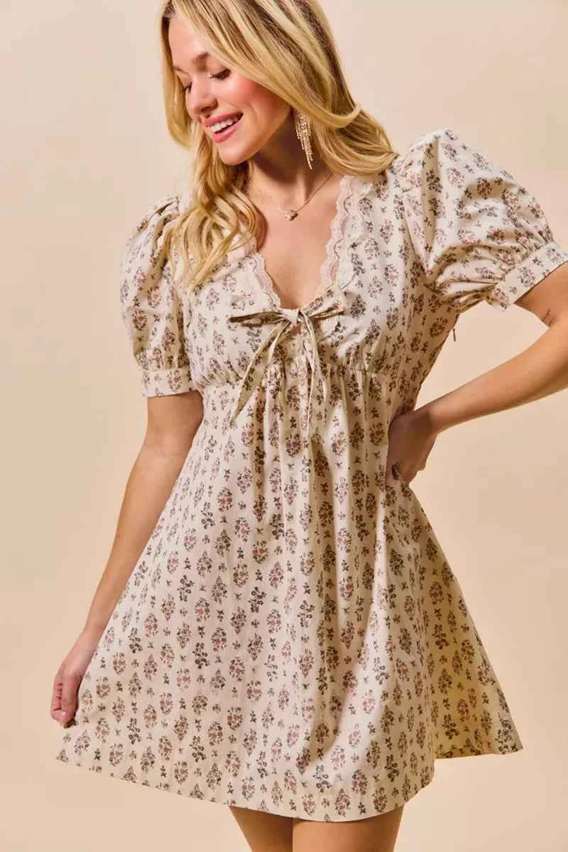 SO ME Floral Print Lace Trim Short Sleeves Mini Dress
