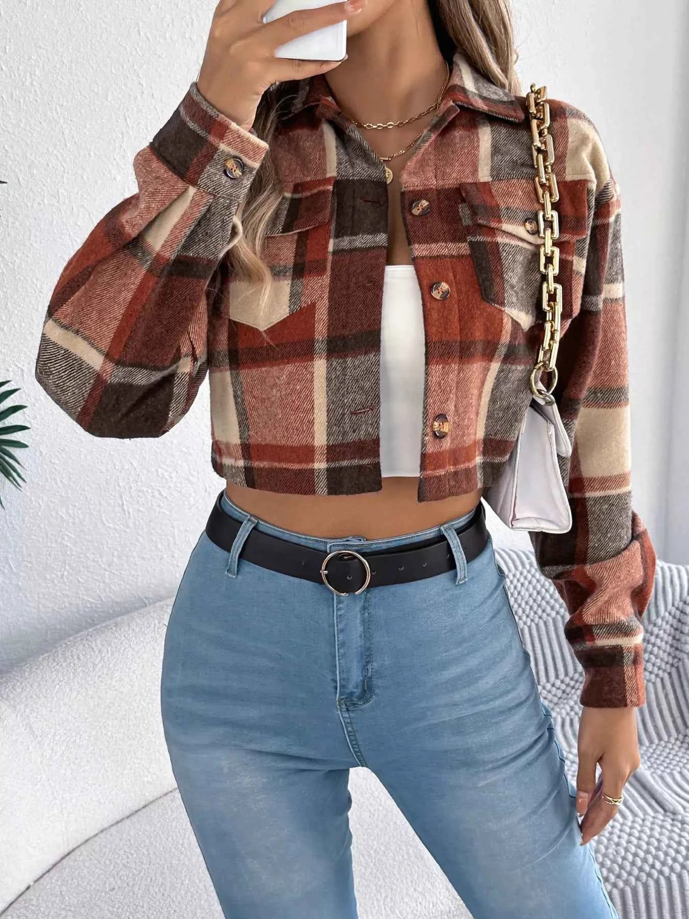 Plaid Button Up Cropped Jacket
