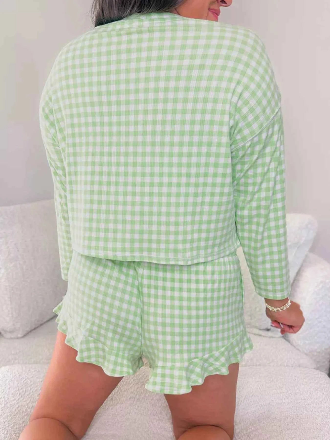 Gingham Print Round Neck Top and Shorts Set