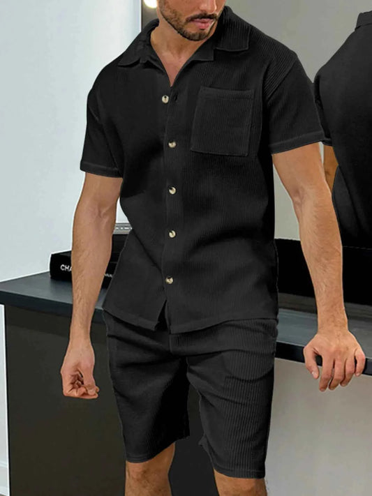 Men's Full Size Button Up Top and Shorts Set Plus Size
