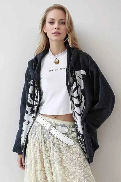 Skeleton Zip Up Drawstring Hoodie