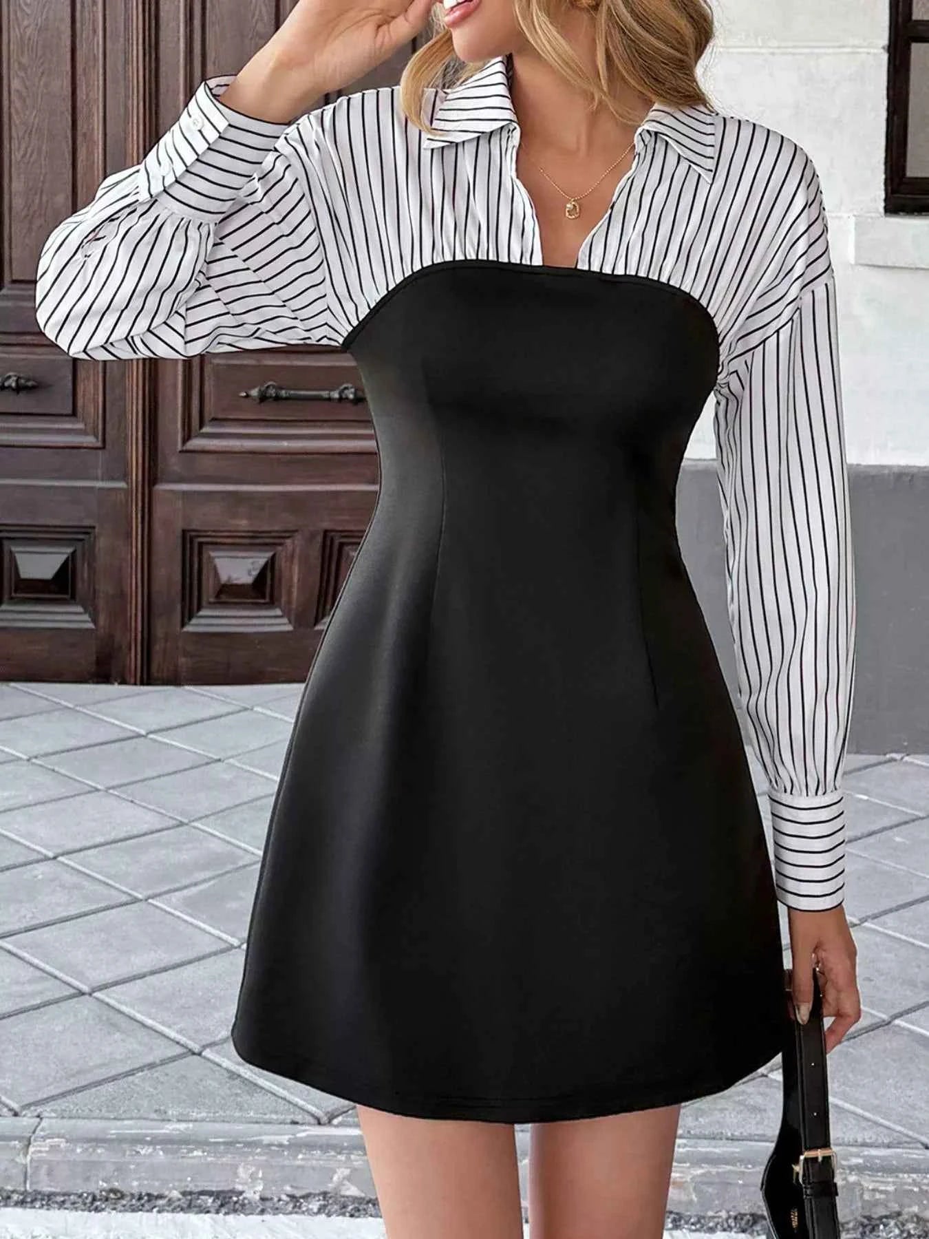Striped Shirt Panel Bodycon Mini Dress