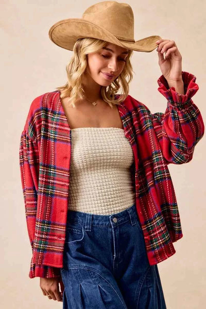 BiBi Christmas Plaid V-Neck Flounce Sleeve Jacket