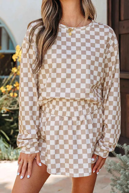 Checkered Long Sleeve Top and Skirt Two-Piece Set