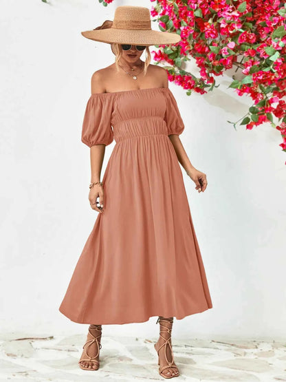 Off-Shoulder Puff Sleeve Smocked Maxi Dress