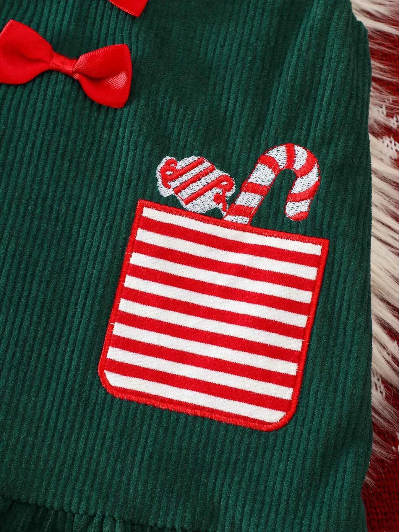 Children's Christmas Striped Bodysuit and Dress Set with Headband