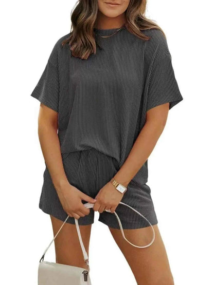 Full Size Ribbed Short Sleeve Top and Shorts Two-Piece Set Plus Size