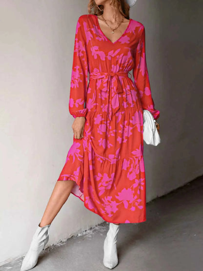 Printed V-Neck Balloon Sleeve Dress