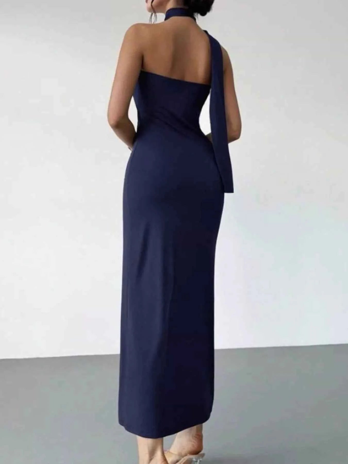 Halter Neck Ruched Bodycon Midi Dress