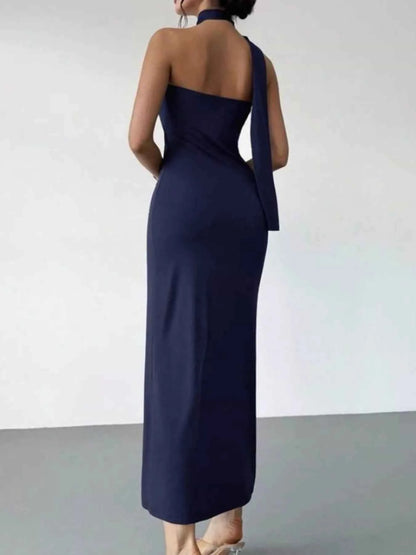 Halter Neck Ruched Bodycon Midi Dress