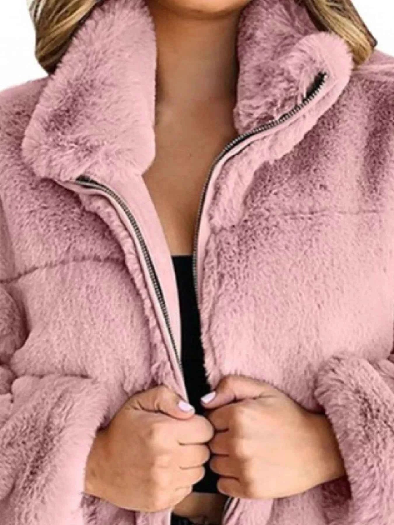 Full Size Faux Fur Cropped Zip-Up Jacket Plus Size