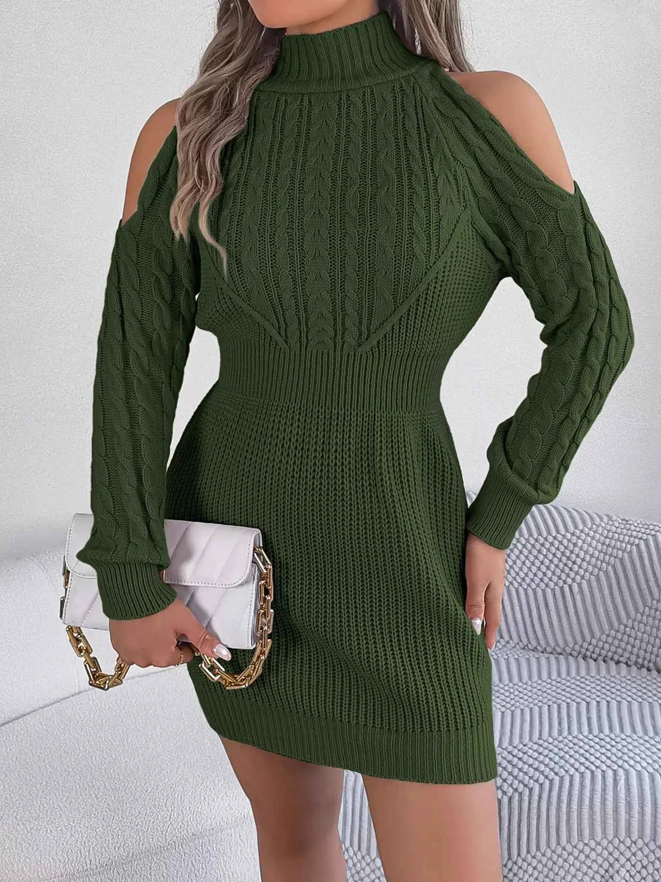Cold Shoulder Cable Knit Turtleneck Sweater Dress