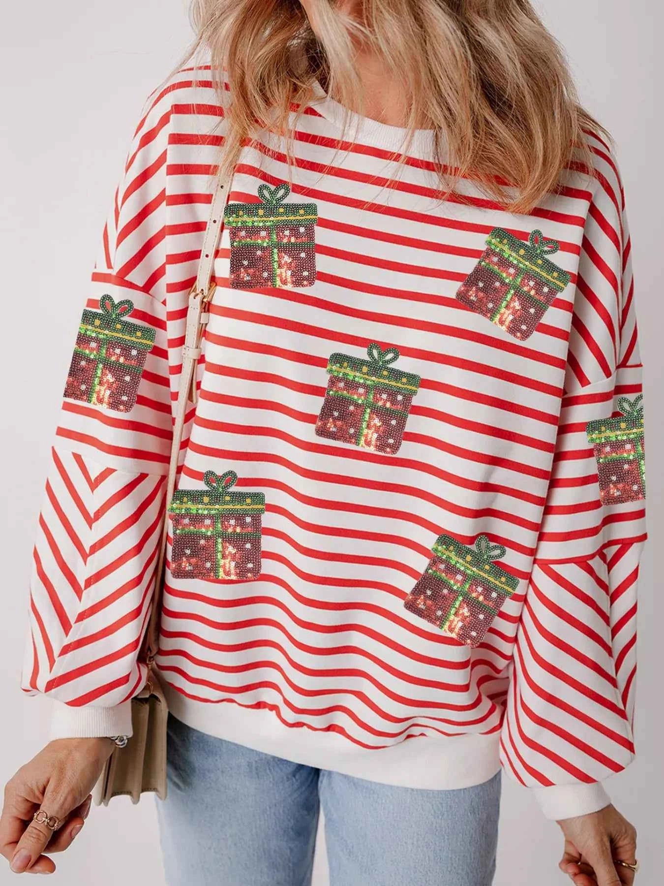 Stripe Sequin Christmas Gift Patched Drop Shoulder Sweatshirt