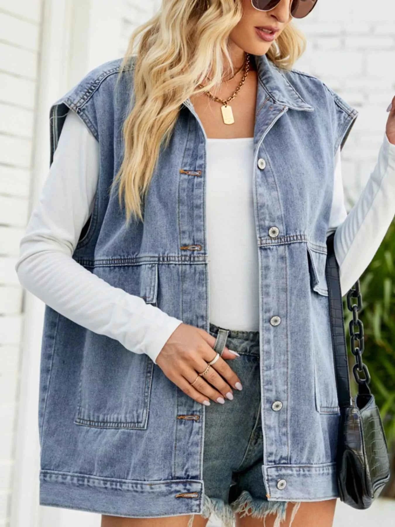 Sleeveless Button-Down Denim Jacket