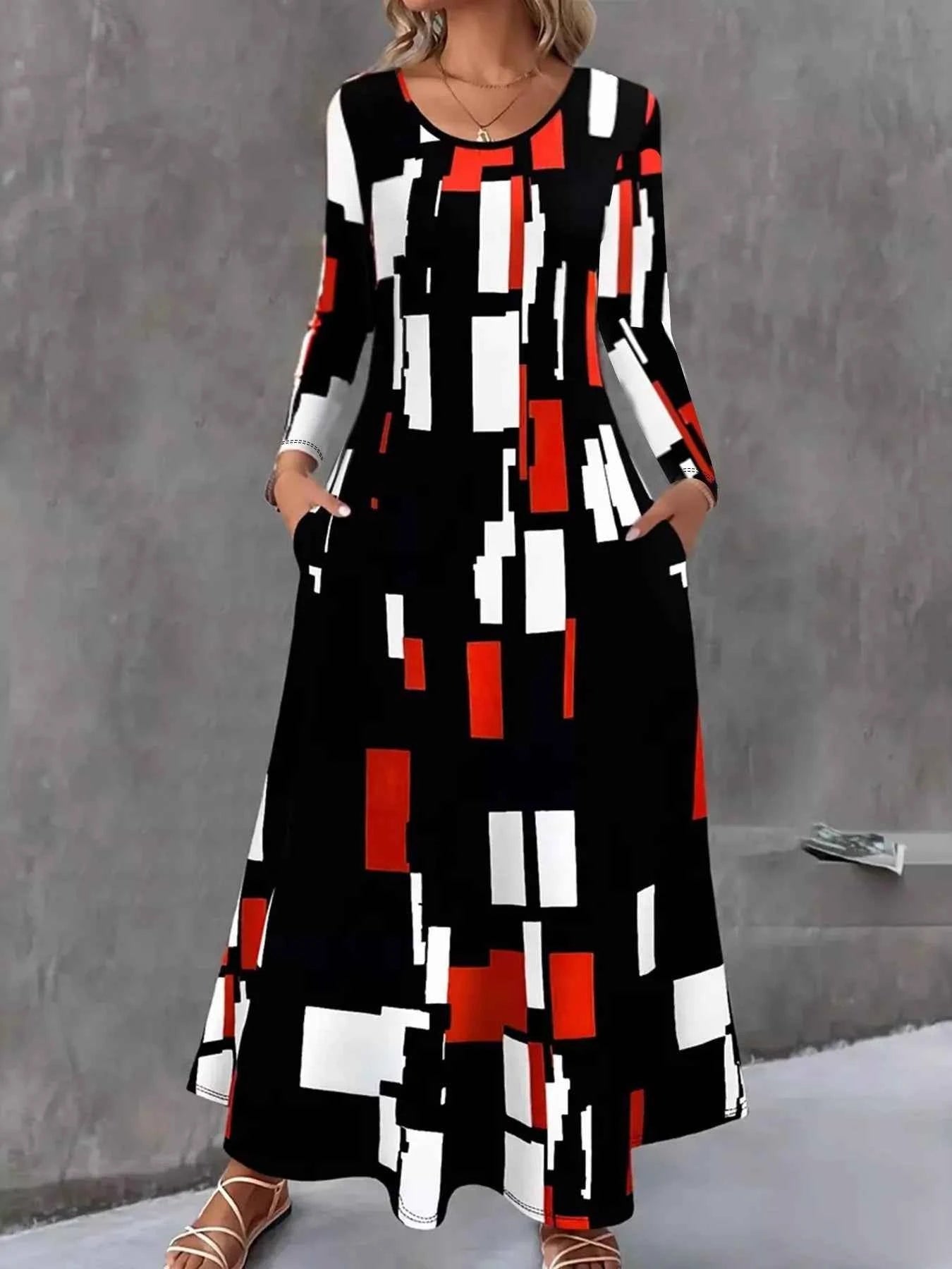 Geometric Print Long Sleeve Maxi Dress