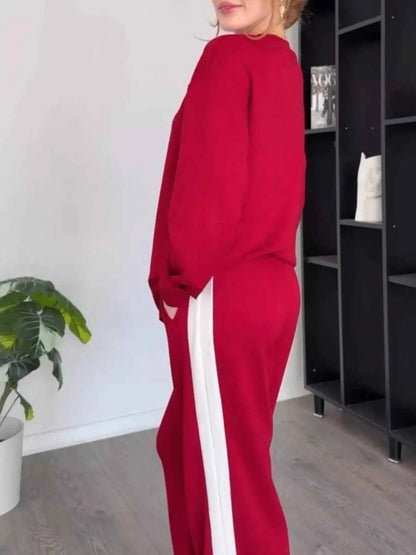 Full Size Contrast Round Neck Top and Pants Set Plus Size