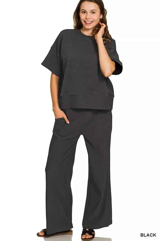 Zenana Ribbed Round Neck Tee & Pants Set