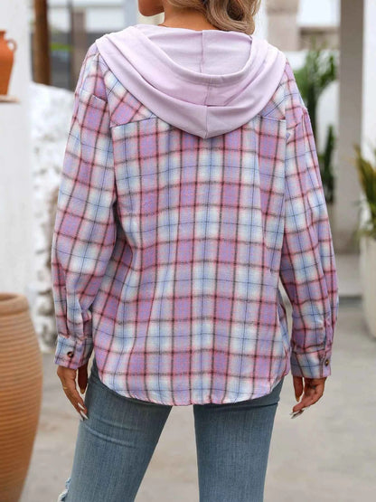 Plaid Button-Up Hooded Shirt with Chest Pocket