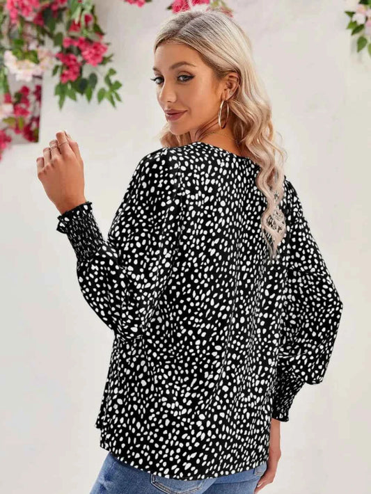 Printed V-Neck Lantern Sleeve Blouse
