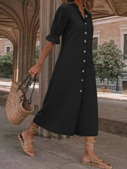 Plus Size Button Front Puff Sleeve Shirt Dress
