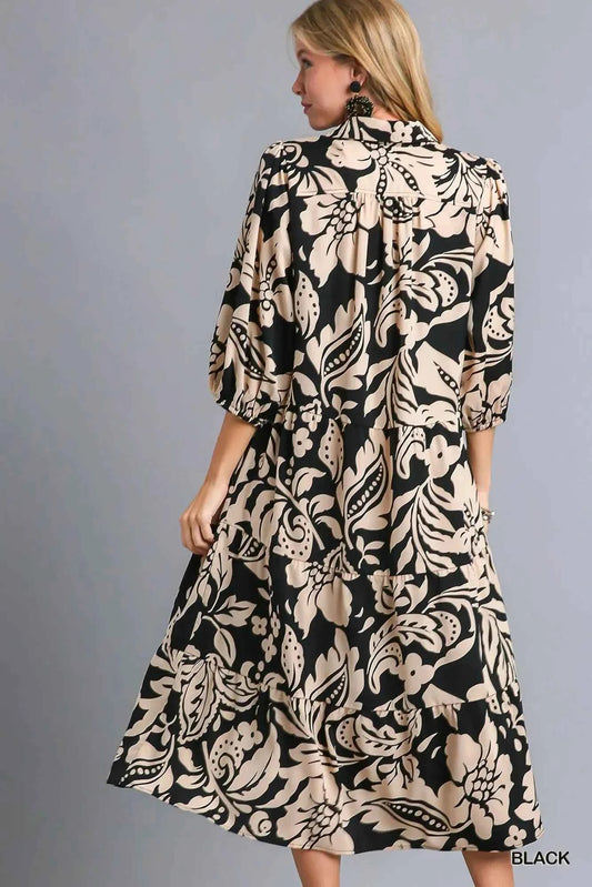 Umgee Floral Print Tiered Midi Dress