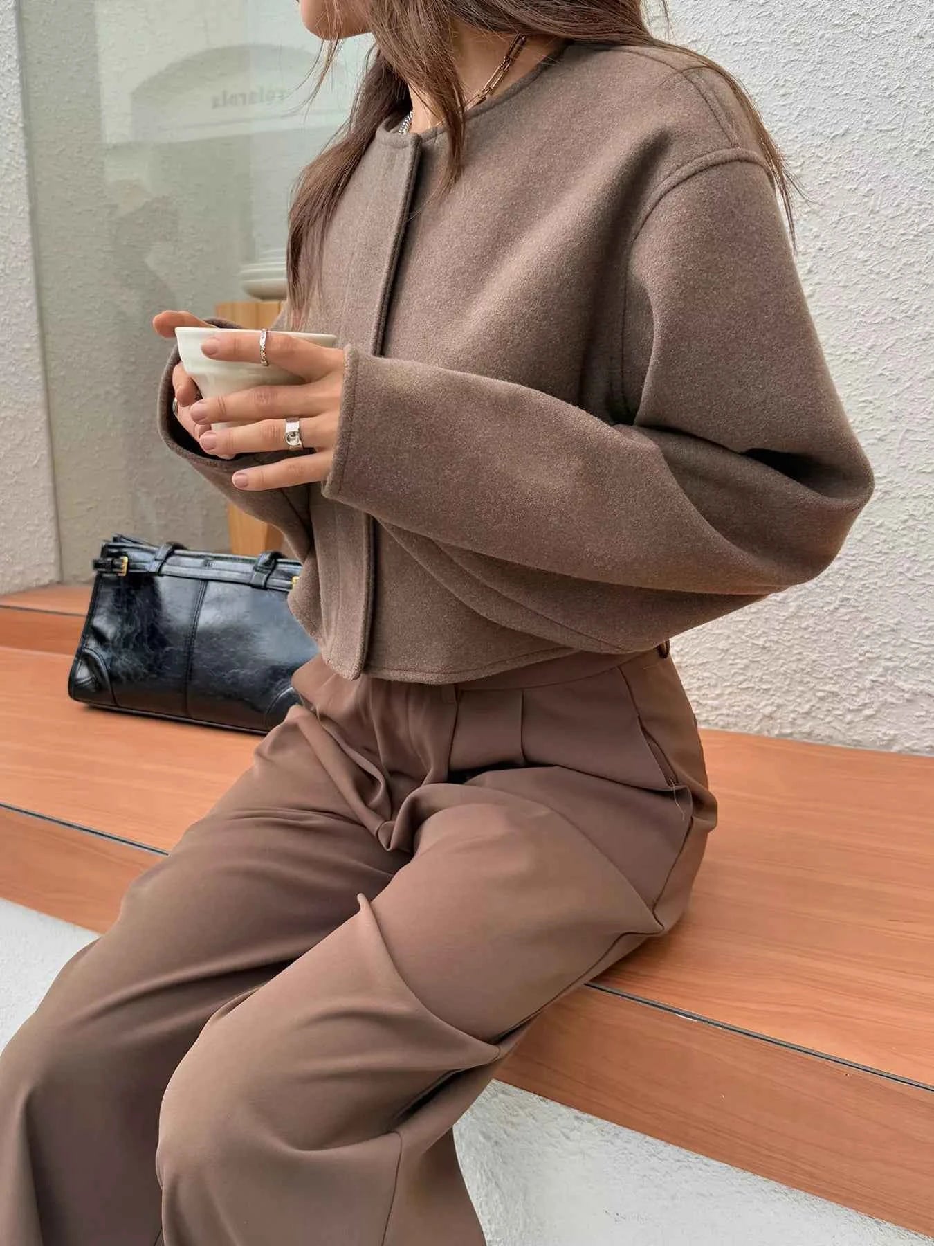 Button-Front Dropped Shoulder Cropped Jacket