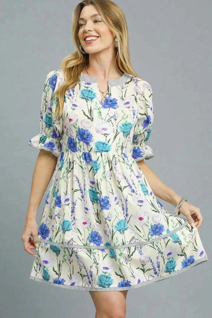 Umgee BabyDoll Floral Striped Hem Mini Dress