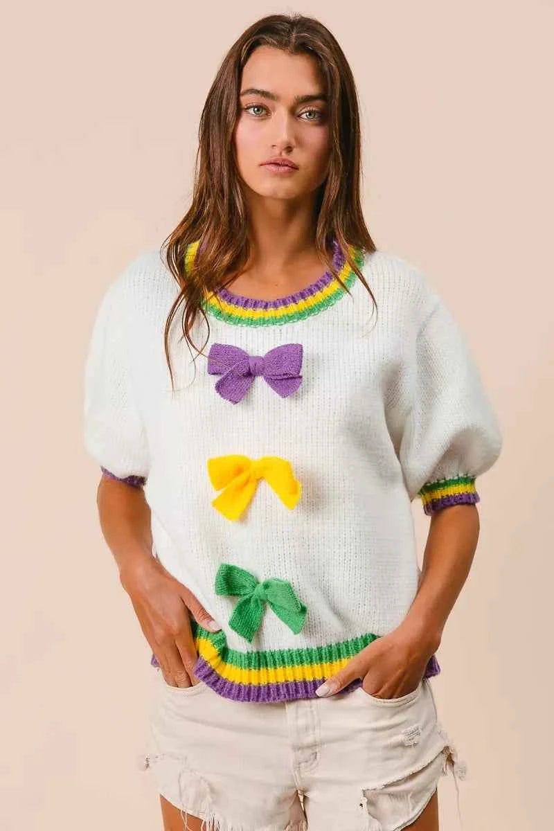 BiBi Short Puff Sleeve Ribbon Bow Mardi Gras Sweater