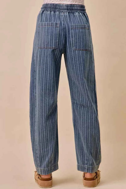 SO ME Stripe Denim Barrel Jeans Drawstring Waistband