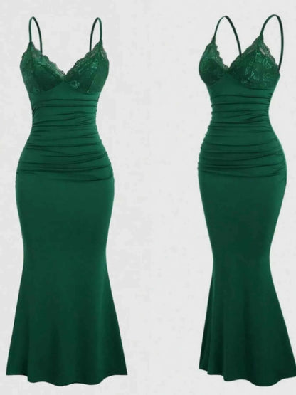 Lace Trim Ruched Mermaid Dress