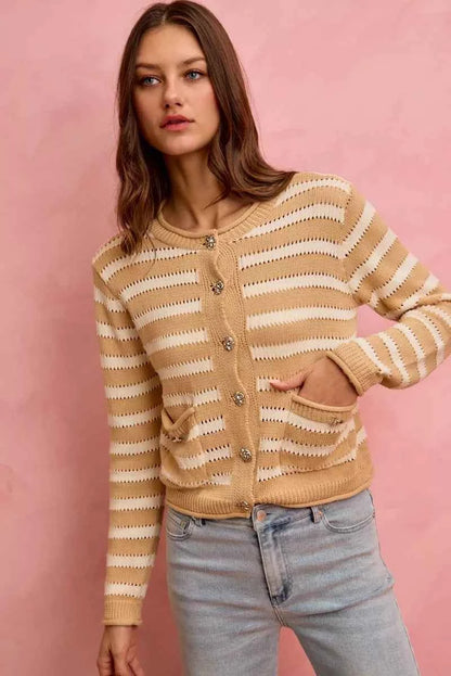 SO ME Stripe Long Sleeves Button Sweater Cardigan