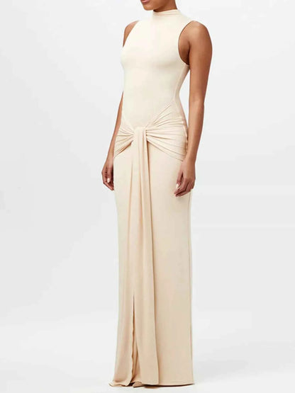 Sleeveless Mock Neck Knot Front Maxi Dress