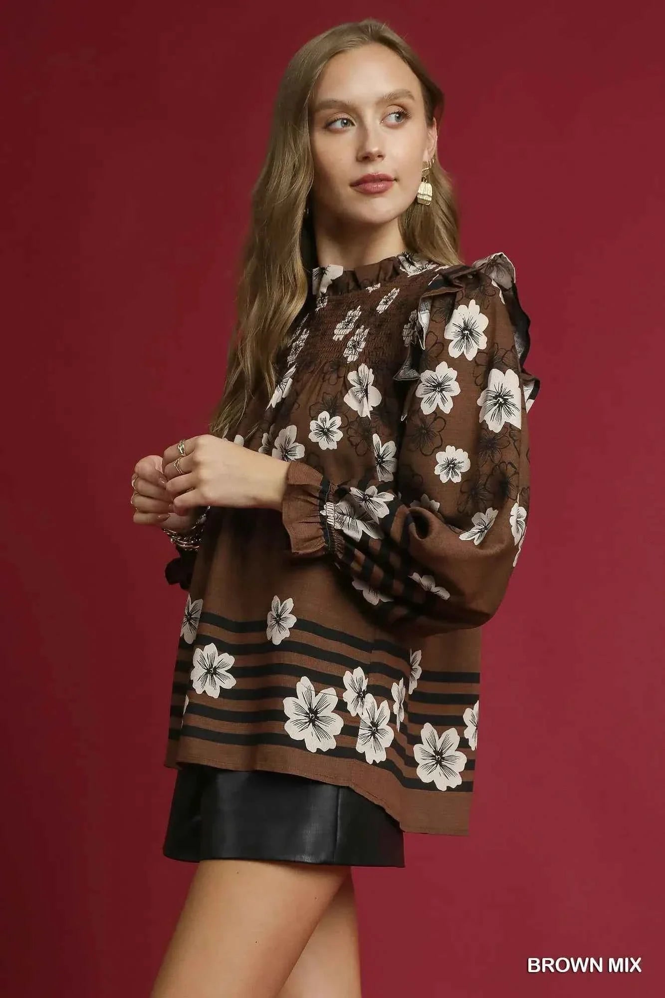 Umgee Full Size Mix Floral Smocked Ruffle Blouse Plus Size