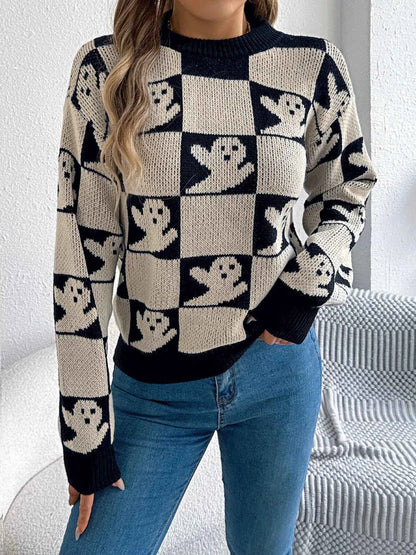 Halloween Ghost Pattern Checkered Round Neck Sweater
