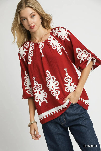 Umgee Two Tone Border Print Top with Balloon Sleeves