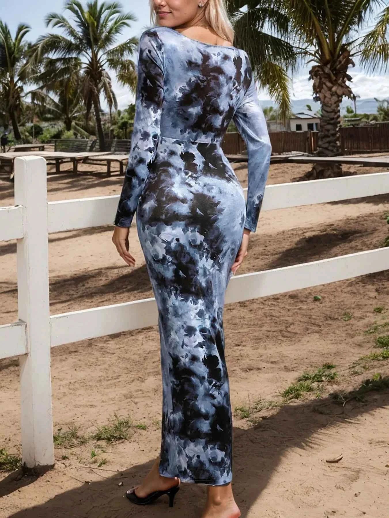 Long Sleeve Tie Dye Bodycon Dress with Side Slit