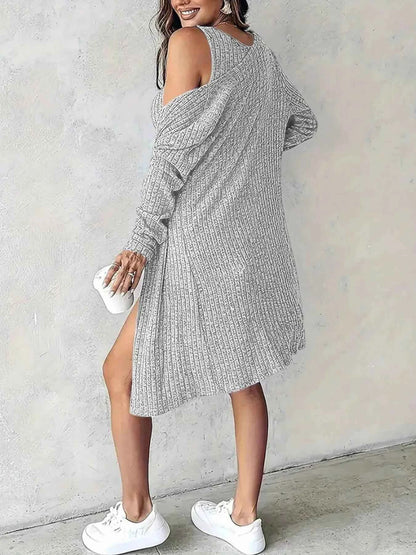 Ribbed Button Front Dress and Cardigan Sweater Set