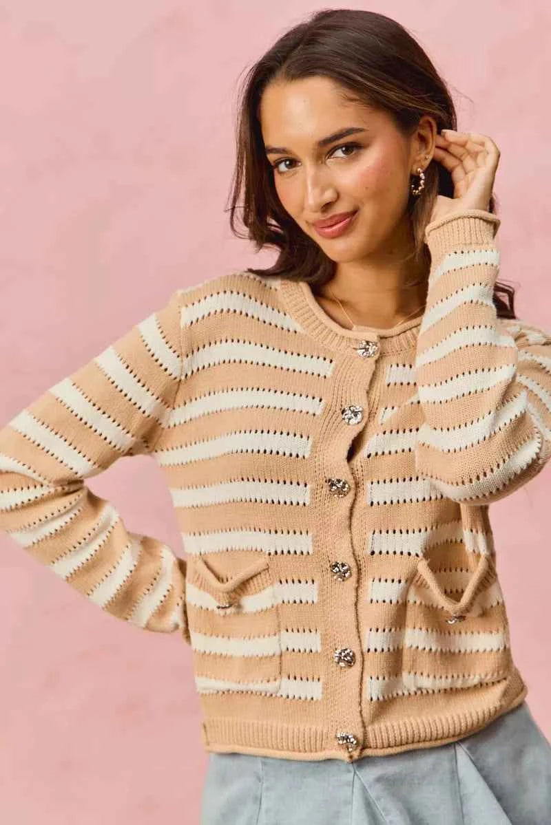 SO ME Stripe Long Sleeves Button Sweater Cardigan