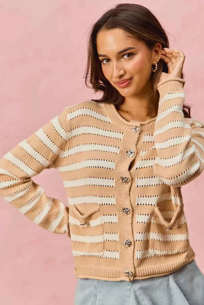 SO ME Stripe Long Sleeves Button Sweater Cardigan