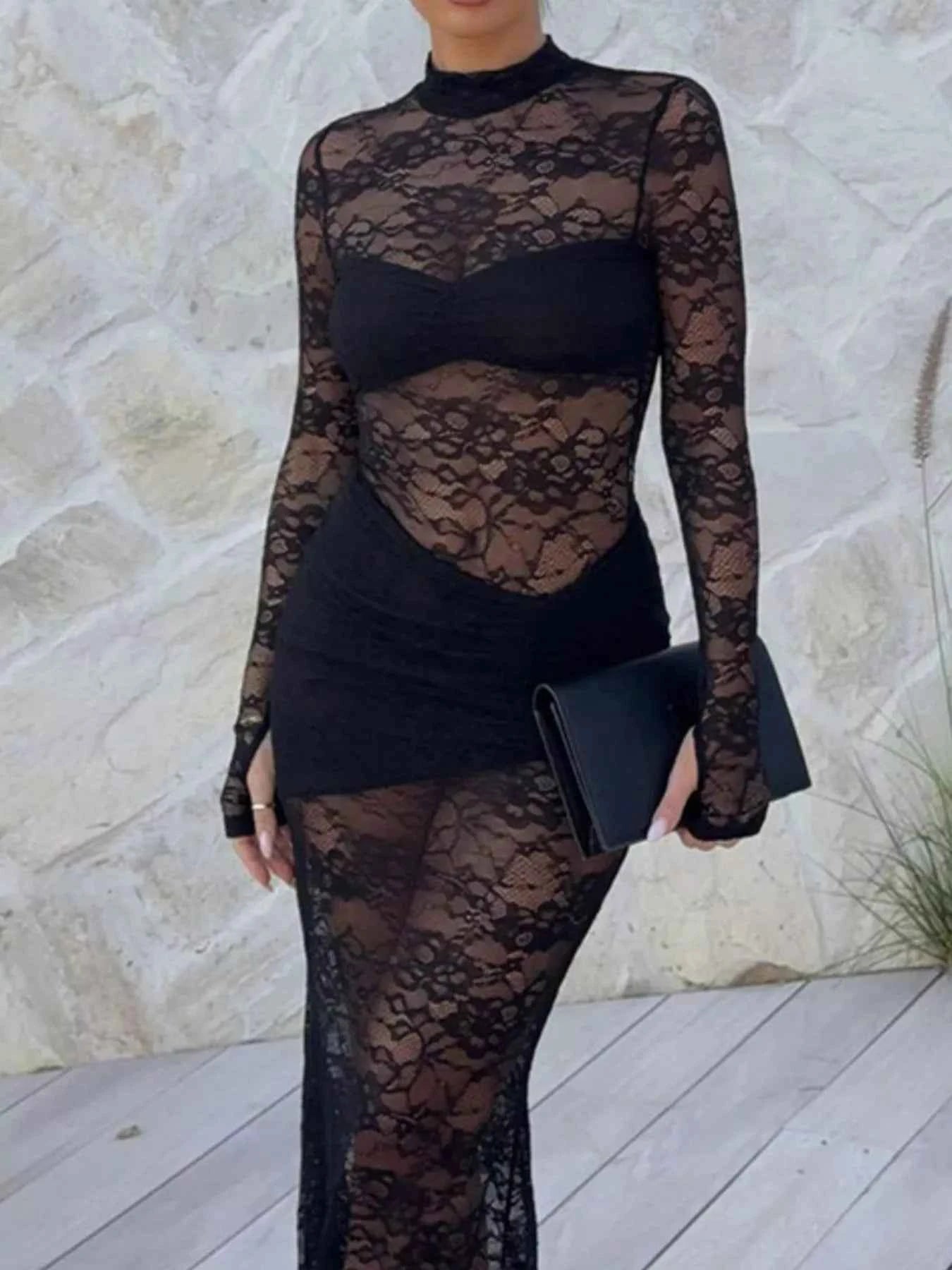 Lace Sheer Mock Neck Long Sleeve Maxi Dress
