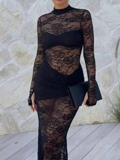 Lace Sheer Mock Neck Long Sleeve Maxi Dress